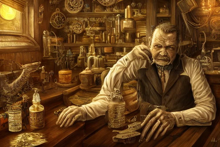 Prompt: Uncle Aloysius, snake oil salesman, wild west crypto pharmaceutical industrialist, cute, fantasy, intricate, elegant, highly detailed, digital painting, 4k, HDR, concept art, smooth, sharp focus, illustration, art by H R Giger