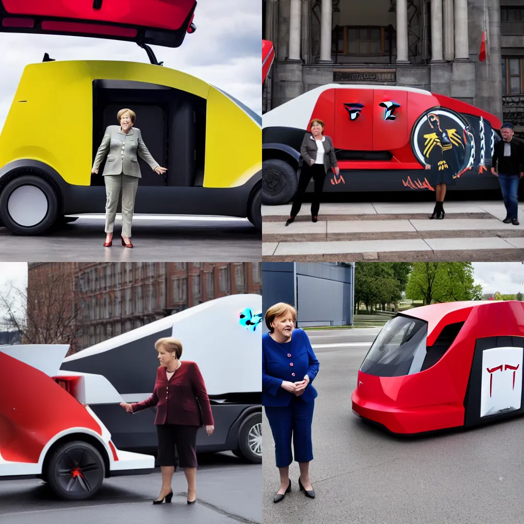 Prompt: Angela Merkel dressed as Wonderwoman standing on the back of a Tesla cybertruck