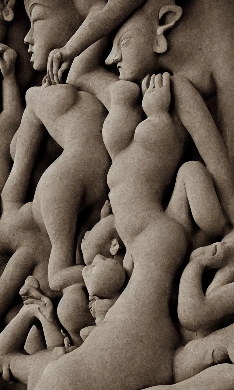 Image similar to Kajuraho sculptures become real beautiful human realistic bodies practising kamasutra , photo real, by helmut newton , rule of thirds, Highly detailed, dramatic lighting,