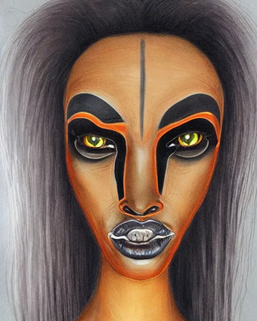 Prompt: ancient nilotic african androgynous vampire woman with demonic eyes, portrait, hyperrealistic