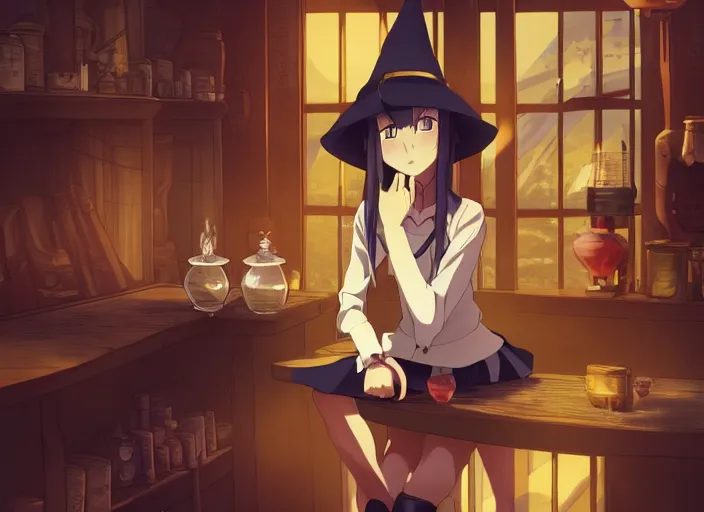 Image similar to anime visual, portrait of a young female traveler wearing a witch hat in a alchemist's potion shop interior, cute face from katsura masakazu and yoh yoshinari,, cinematic luts, dynamic pose, dynamic perspective, strong silhouette, anime cels, ilya kuvshinov, crisp and sharp, rounded eyes, moody, cool colors