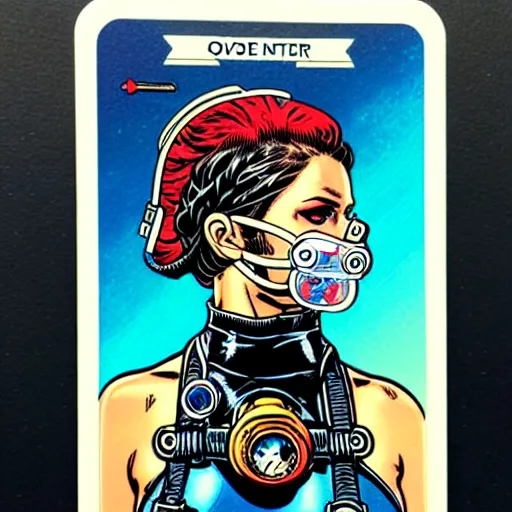 Image similar to a tarot card design of a female diver with a oxygen mask intricate detailed mask with front profile by MARVEL comics and Sandra Chevrier