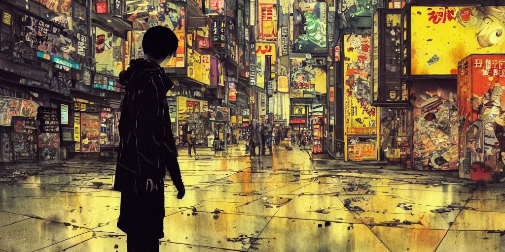 Prompt: incredible wide screenshot, ultrawide, simple watercolor, paper texture, katsuhiro otomo ghost in the shell movie scene, backlit distant shot of girl in a parka running from a giant robot invasion side view, yellow parasol in deserted midnight shinjuku junk town, broken vending machines, concrete wall, bold graffiti, old pawn shop, raining, soaking, reflections, night time