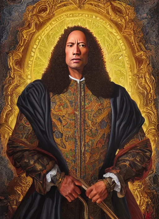 Prompt: beautiful oil painting, portrait of Dwayne the rock Johnson as Louis xiv in coronation robes 1701, Dan Mumford, dan Mumford, Dan Mumford, Alex grey, Alex grey, lsd visuals, dmt fractal patterns, entheogen, psychedelic, hallucinogen, highly detailed, ornate