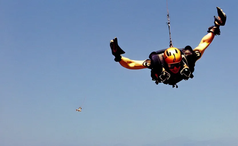 Image similar to close up on a skydiver flexing muscles. plane in the background 8 0'sstyle