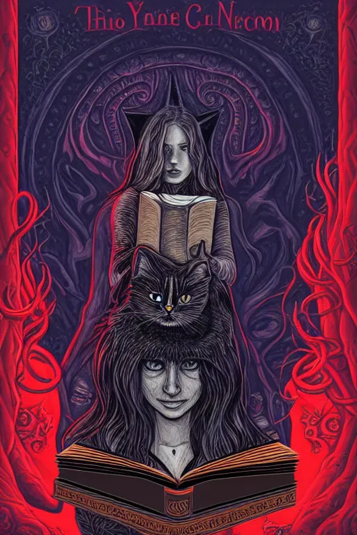 Image similar to biden illustration of romantic girl, her cat and her book of necronomicon, symmetrical, cinematic, sharp focus, 4 k, ultra hd, sense of awe, sinister demonic atmosphere, dreadful, forbidden knowledge, old gods, cthulhu, yog - sothoth! yah, yah, yah! cultist journal cover