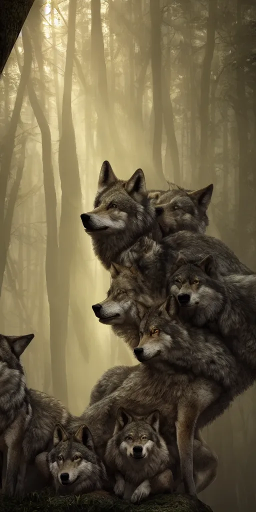 Prompt: a bunch of wolves stacked on top of each other, gloomy forest, zaba style, cinematic, sunbeams, detailed, hq, trending on artstation, dramatic lighting