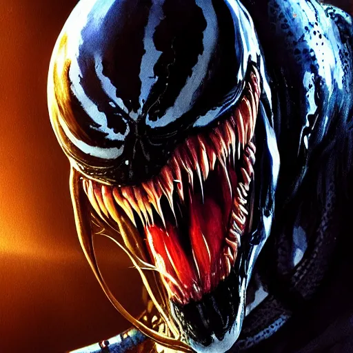 Image similar to Venom portrait by Marcus Whinney Artstation, highly detailed, photorealism, concept art, rpg portrait, cinematic lighting, high contrast, depth of field, futuristic art, golden ratio, rule of thirds, surrealism Unreal engine 5