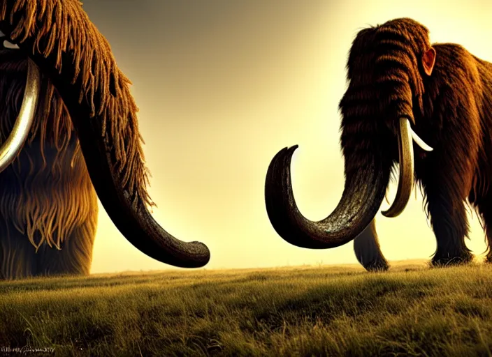 Image similar to hyperrealism, detailed textures, photorealistic, 3 d render, a surreal mystical wooly mammoth grazing, ultra realistic cinematic, intricate, cinematic light, concept art, illustration, art station, unreal engine