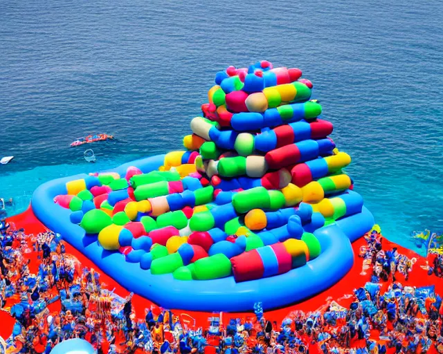 Prompt: a long shot of a giant award winning sculpture made out of tons of inflatable pool toys in the shape of a human head, on the surface of the ocean, in the style of chad knight, hyper detailed, hyper realistic, ray tracing, 8 k resolution, sharp focus, realistic water