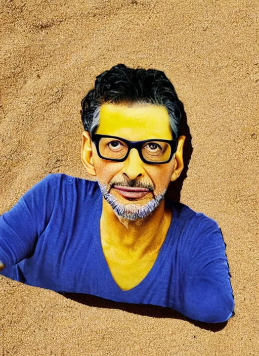 Image similar to jeff goldblum as a banana on the sand of a beach