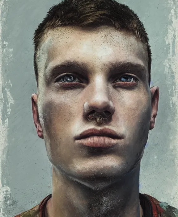 Image similar to heroic portrait of a young ukrainian man. art by denys tsiperko and bogdan rezunenko, hyperrealism