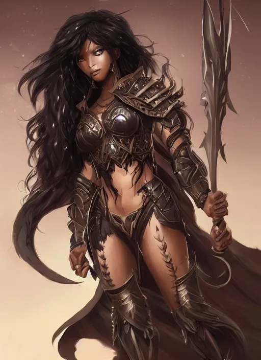 Image similar to beautiful warrior lady, black long hair, practical armor, brown skin, demonic eyes, low fantasy, extremely detailed, sharp focus, smooth, digital illustration, by rossdraws, frank franzzeta, sakimichan