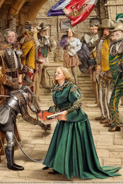 Image similar to intricate color photo of liz truss collecting taxes as the sheriff of nottingham, 8 k octane beautifully detailed render