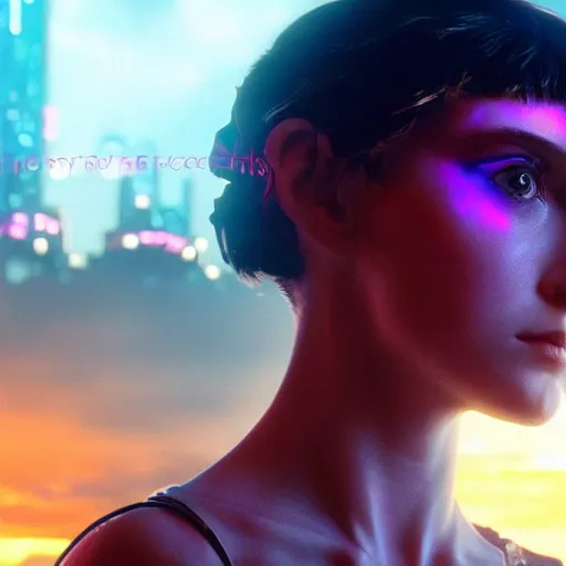 Prompt: beautiful Fine art photo of a young enraptured Enya as a cyberpunk robotic godess, photorealistic, centered, highly detailed and intricate, sun lighting, in the movie A.I. 8k