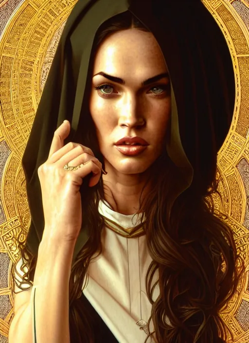Image similar to portrait of megan fox as a nun, catholic, church, bible, christian, intricate, headshot, highly detailed, digital painting, artstation, concept art, sharp focus, cinematic lighting, illustration, art by artgerm and greg rutkowski, alphonse mucha, cgsociety
