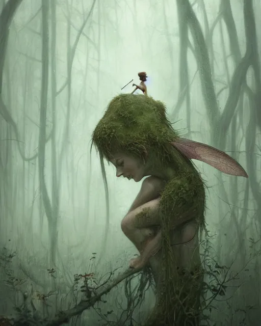 Image similar to a film still close up shot of a pixie in a misty swamp landscape by esao andrews and peter mohrbacher. trending on artstation