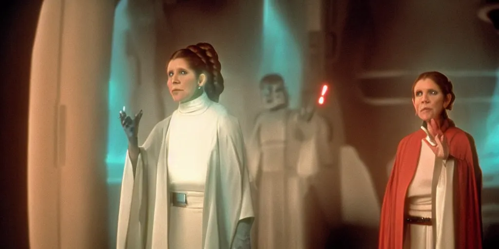 Image similar to a full color still of Carrie Fisher as Leia Organa as a regal Senator in the Galactic Senate talking to an alien, cinematic lighting, 1999, directed by Steven Spielberg, 35mm