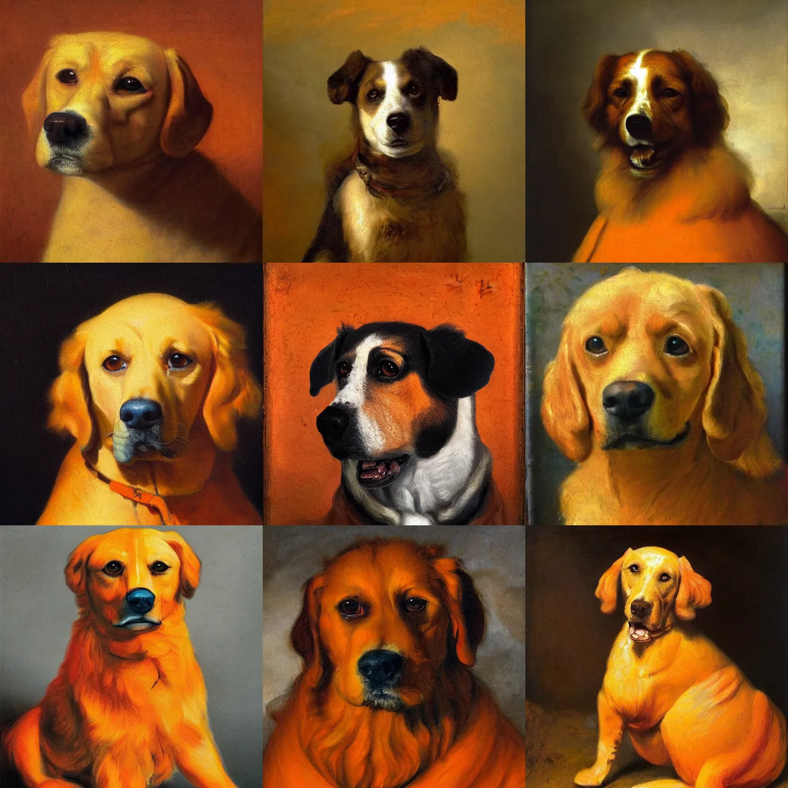 Prompt: a majestic orange and white kooiker dog as painted by Rembrandt, vibrant colors, oil on canvas,