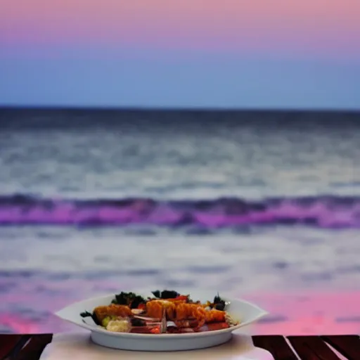 Prompt: photo of a white dish over a table with a sunset on the beach in the background