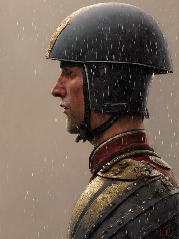 Prompt: an ultradetailed beautiful portrait painting of a roman soldier marching in the rain, side view, oil painting, high resolution, by ilya kuvshinov, greg rutkowski and makoto shinkai