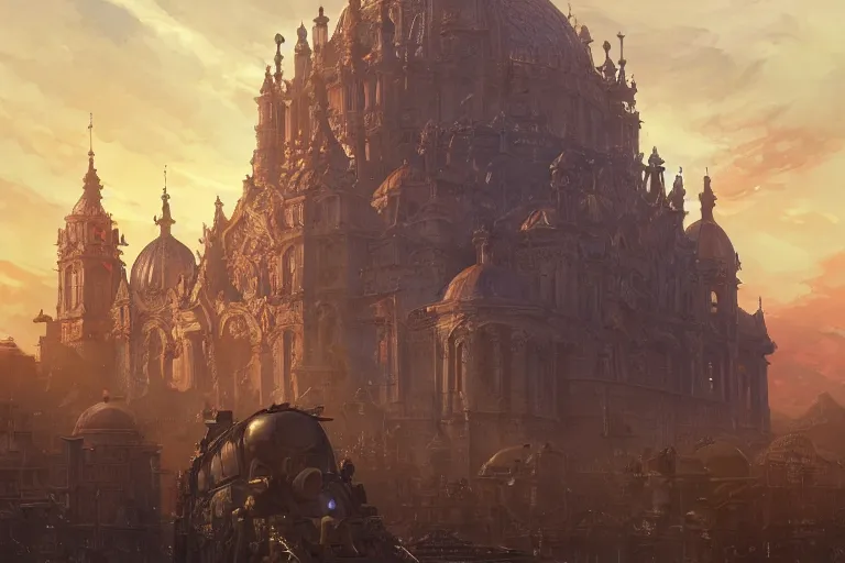 Prompt: an ornate baroque church with tank chains, mortal engines, scene in an open field. key visual, conceptart, ambient lighting, highly detailed, digital painting, artstation, concept art, sharp focus, by makoto shinkai and akihiko yoshida and greg manchess