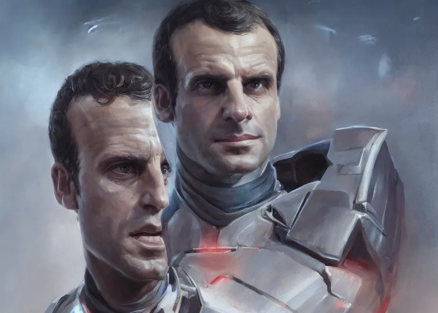 Prompt: painting portrait of Emmanuel Macron dressed as Malgus in Star Wars, sharp focus, waist up, trending on ArtStation, masterpiece, by Greg Rutkowski, by Ross Tran, by Fenghua Zhong, octane, clear eyes, soft render, clear facial features, oil on canvas, moody lighting, cinematic, professional environment concept art