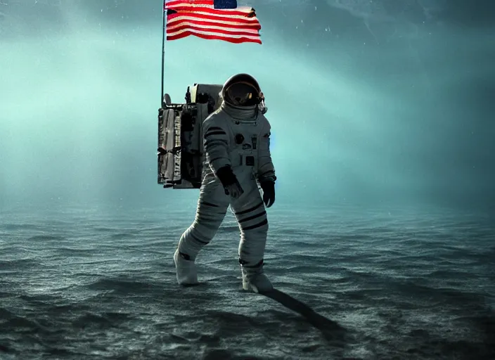 Image similar to astronaut holding a flag in an underwater desert. a submarine is visible in the distance. dark, concept art, cinematic, dramatic, atmospheric, 8 k, trending on artstation, blue, fish, corals, low visibility, light rays, extremely coherent, bubbles, fog, ocean floor, christopher nolan, interstellar