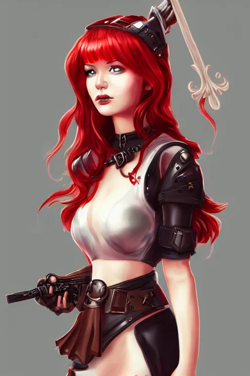 Prompt: Portrait of Female Paladin, french maid, red hair, broomstick, gorgeous, high fantasy, artstation