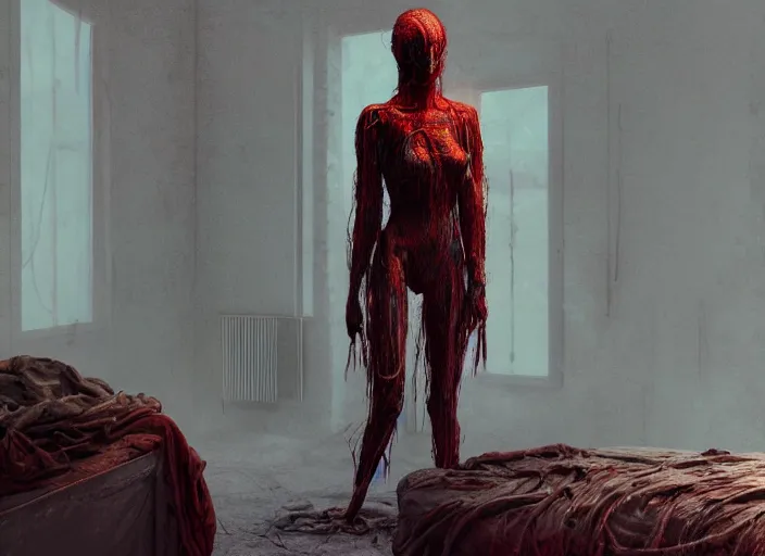 Image similar to rgb, woman, bedroom full of fire, rage, cinematic, movie scene, inspired by zdzislaw beksinski, clothes made out of veins,, cables everywhere, bedroom, ultra realistic, concept art, intricate details, highly detailed, photorealistic, octane render, 8 k