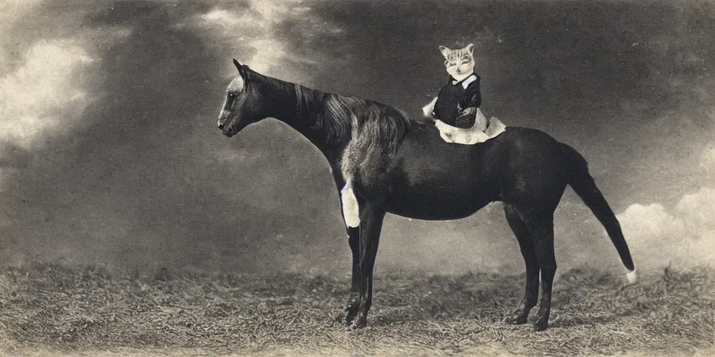 Image similar to a cat sitting on a horse, strange, black and white, photograph, 1850s