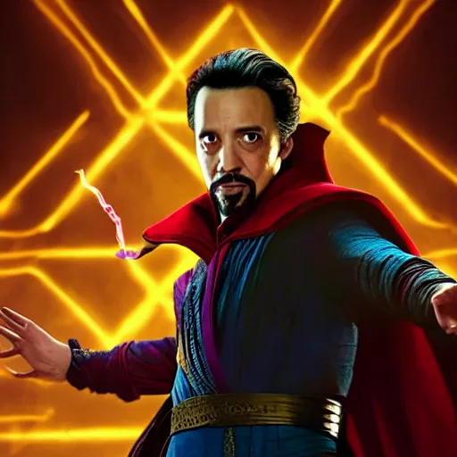 Image similar to A movie still of Lin-Manuel Miranda as Zombified version of Dr Strange, dynamic lighting, 8k, Heroic Pose, 2022 picture of the year