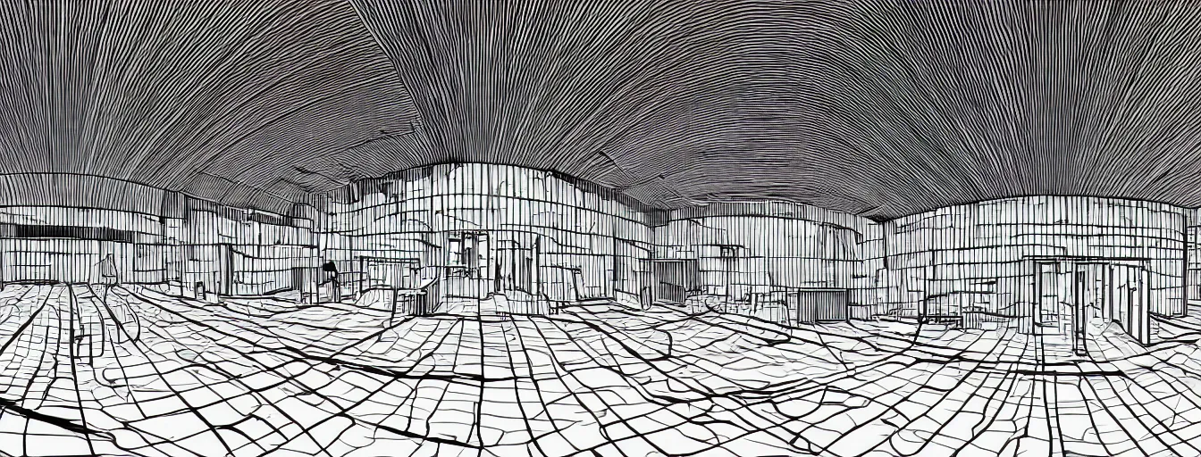 Prompt: futuristic black and white perspective illustration of a very dark room inside a brutalist building, fisheye view concrete hangar inside, architectural technical drawing