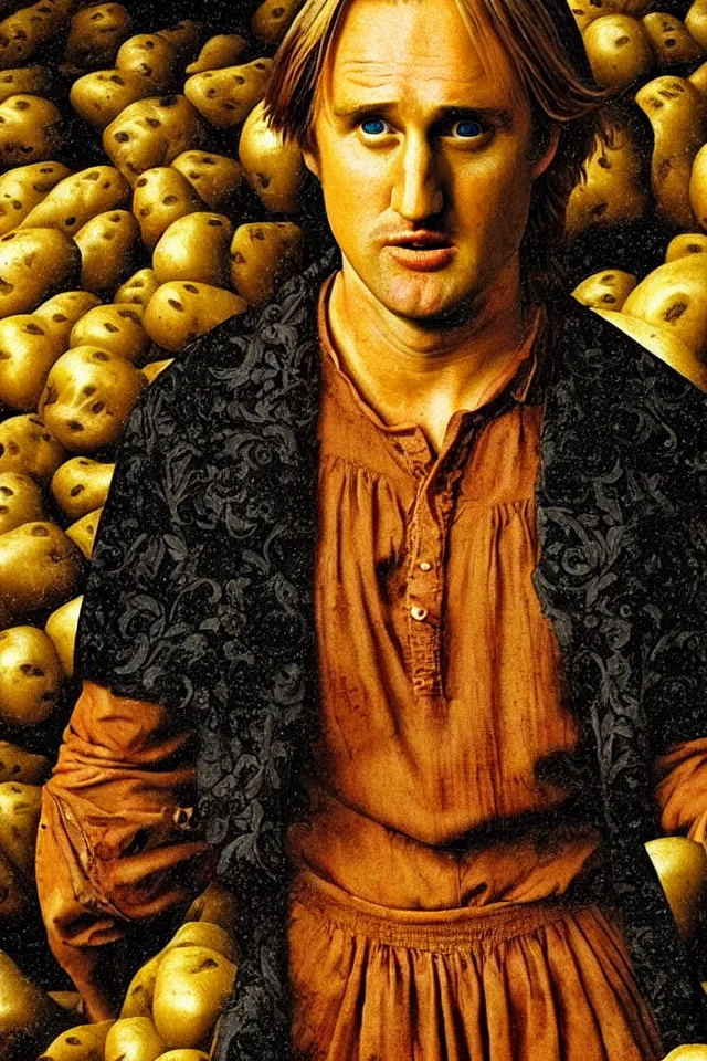 Prompt: bizarre renaissance portrait of owen wilson in a sea of thousands of highly detailed potatos, dramatic cinematic lighting, 8 k, beautiful intricate pop - art painting