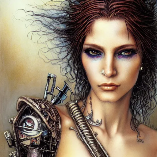 Prompt: an award finning closeup facial portrait by luis royo and john howe of a bohemian female cyberpunk traveller clothed in excessively fashionable 8 0 s haute couture fashion and wearing ornate art nouveau body paint