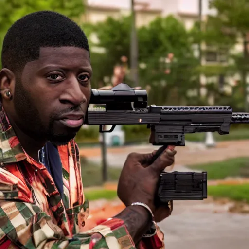 Image similar to angry gucci mane shooting and terrorizing people in the hood, 8k resolution, full HD, cinematic lighting, award winning, anatomically correct