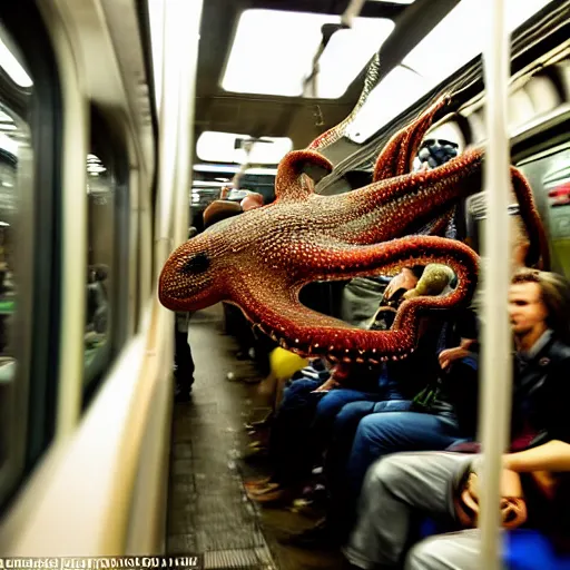 Image similar to of an octopus invading a interior of a subway train in new york, people are running away scared, shutter speed is 8 0,