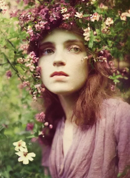 Image similar to portrait photograph of a very beautiful!!! modern female model. symetric face. in a garden. flowers. autochrome Louis Lumières. round detailed eyes!!!!. bokeh