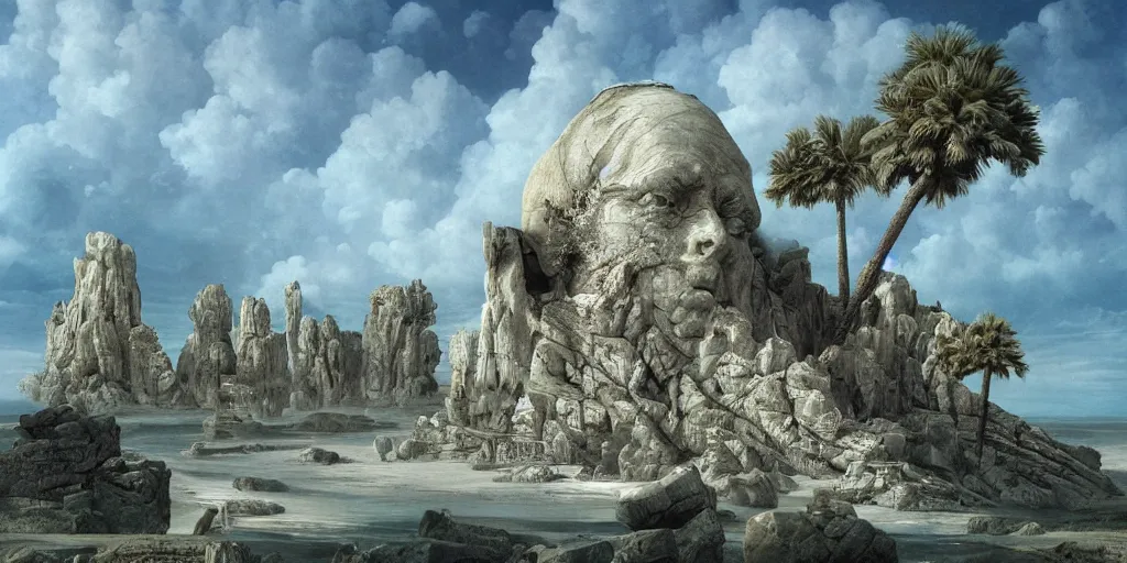 Prompt: David Friedrich masterpiece, hyperrealistic surrealism, planets, award winning wide angle masterpiece with incredible details, epic stunning, infinity pool, a surreal vaporwave liminal space, highly detailed, trending on ArtStation, broken giant marble head statue ruins, calming, meditative, geometric liminal space, palm trees, very vaporwave, very very surreal, sharp details, artgerm and greg rutkowski and alphonse mucha, daily deviation, IAMAG