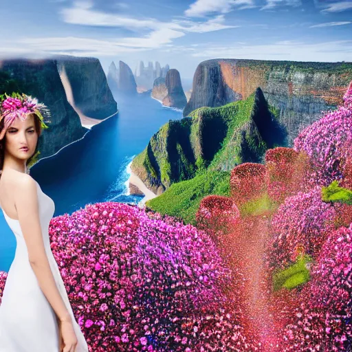 Image similar to a photograph of the most beautiful woman that has ever existed, surrounded by unique natural sightseeing accompanied by the most delicate flowers.