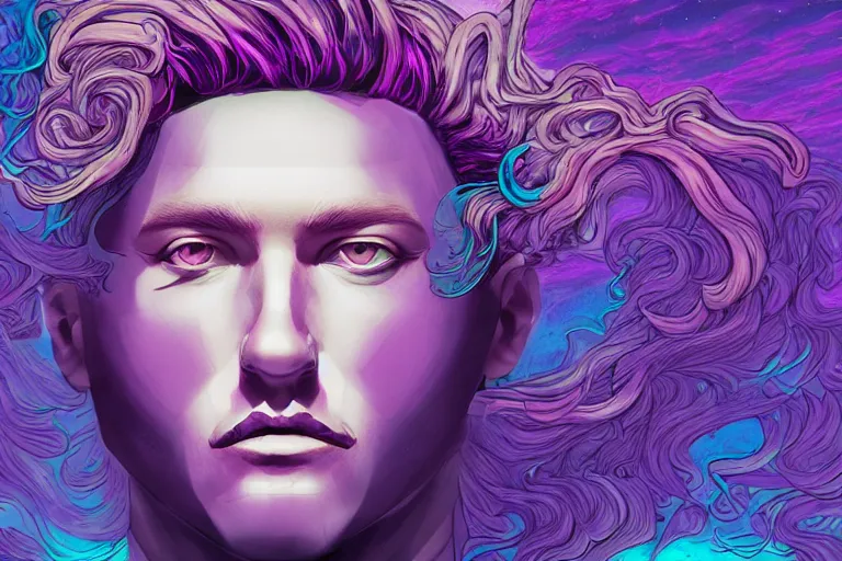 Prompt: cell shaded, muted vaporwave ombre. double exposure, druid of creativity, flowing hair, beautiful character fashion design, by josan gonzalez, shag, nagel, and paul lehr and david heskin and seb mckinnon and jared s. merantz and alex grey, hi - fructose, 8 k, digital matte painting