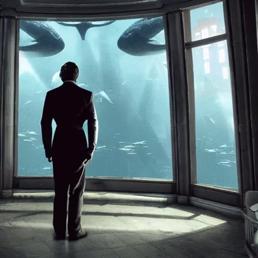 Image similar to a highly detailed cinematic photo from a live - action bioshock movie. andrew ryan, portrayed by evan peters, is shown standing in a 1 9 3 0's office with a large desk in front of an immense floor - to - ceiling window looking out into the underwater city of rapture. sea life including a blue whale is shown outside of the window