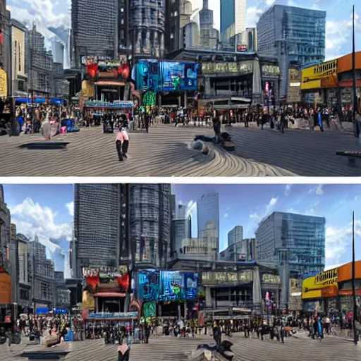 Image similar to 3D Digital matte painting of Yonge-Dundas Square in Toronto, Canada; with eldritch creatures, gnostic designs, arcane imagery, and esoteric aesthetics.