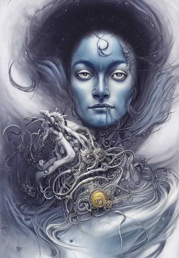 Image similar to perfectly centered portrait front view of a beautiful biomechanical moon goddess, flowing hair, intense stare, sweet sarcastic smile, symmetrical, dark blue skin, concept art, intricate detail, volumetric shadows and lighting, realistic oil painting by peter mohrbacher, h. r. giger, zdzisław beksinski, gustave dore,