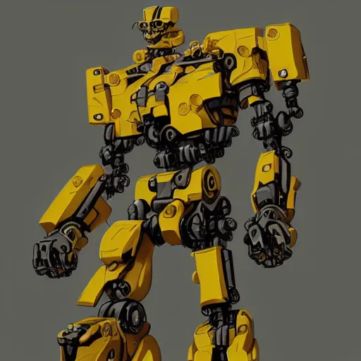 Prompt: yellow mecha Keetongu Bionicle, pan shaped head, by Greg Rutkowski