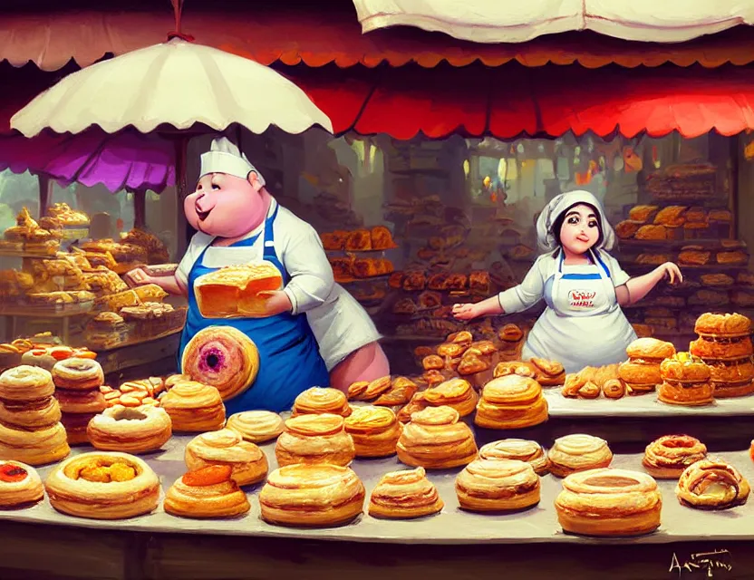 Image similar to a cute painting, one adorable very short fat obese kobold wearing an apron is happily selling delicious pastries at her stall in the market at kragkash, intricate, highly detailed, artstation, concept art, smooth, sharp focus, colorful scene, art by artgerm and greg rutkowski and wlop