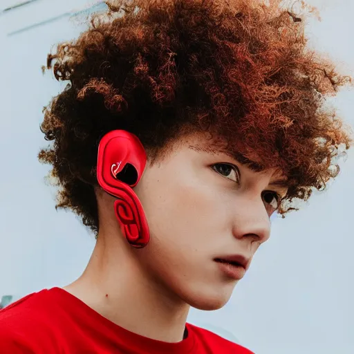 Image similar to red teenager with curly blonde hair red t shirt airpods attractive, high - quality photo realistic highly detailed high - quality 8 k