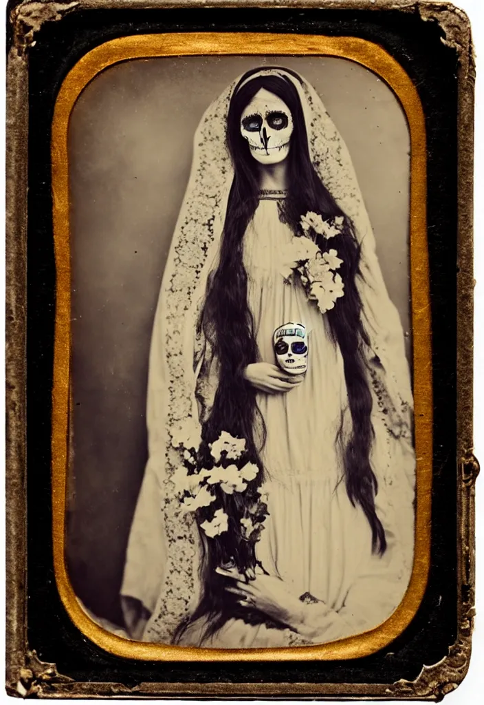Prompt: daguerreotype, full body view, one woman, virgin mary, dia de muertos dress and make up