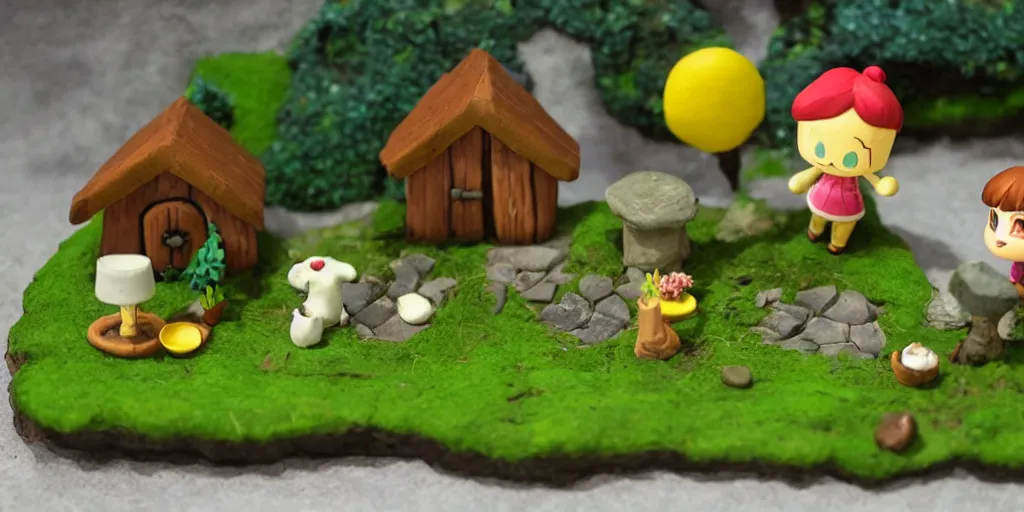 Image similar to Animal Crossing Village Diorama, polymer clay, moss, plants, cottagecore