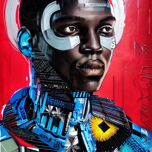 Image similar to portrait of a african male android, by MARVEL comics and Sandra Chevrier